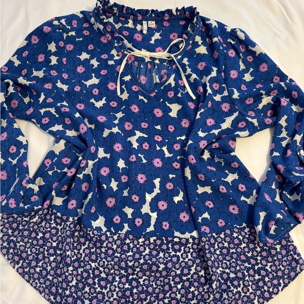 Elle Blue Floral Boho Blouse XL Tie Neck Long Sleeve - Picture 4 of 9